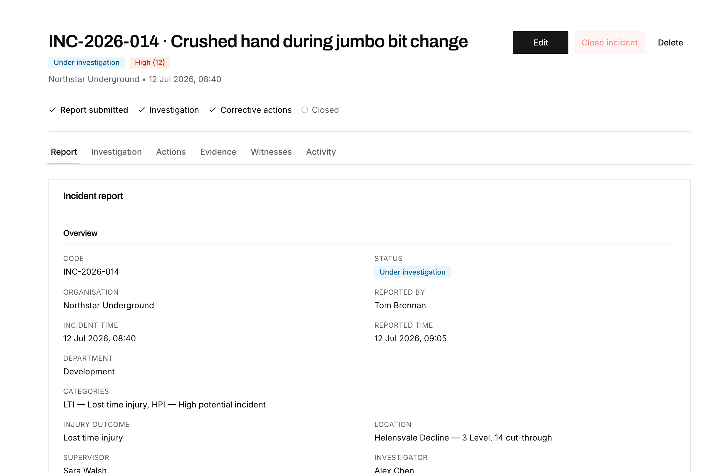 Incident record showing report details, investigation steps, and status